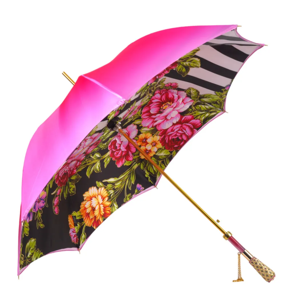 Artisan Pink Floral Umbrella with Crystal Handle & Exquisite Hand-Pain