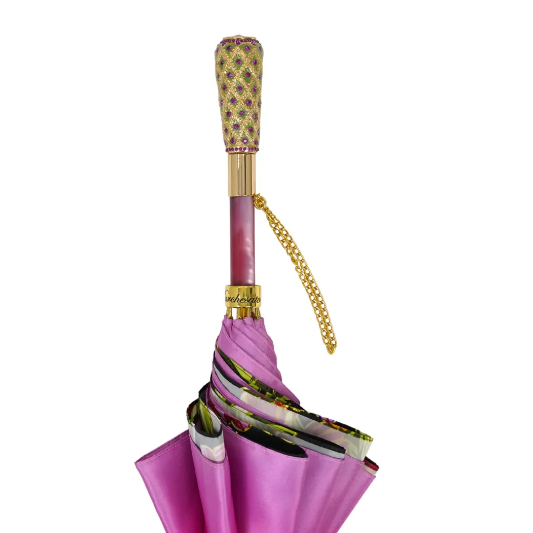 Artisan Pink Floral Umbrella with Crystal Handle & Exquisite Hand-Pain