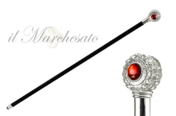 Bastone con pomolo argentato - pietra rossa