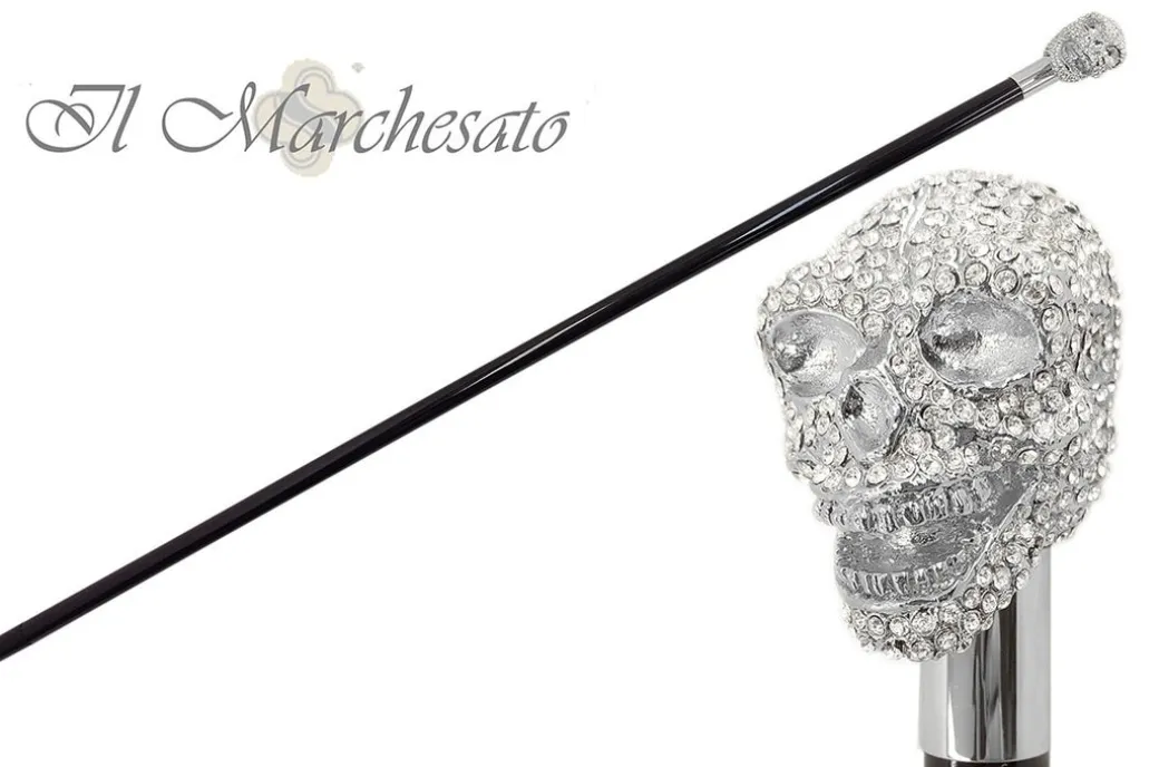 Bastone di lusso con teschio placcato argento e tempestato di cristall