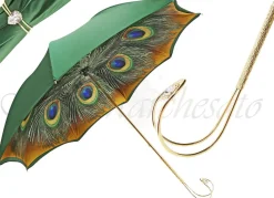 Bellissimo ombrello da donna verde con manico in pavone stampato in oro placcato