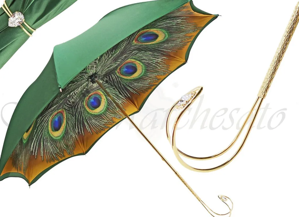 Bellissimo ombrello da donna verde con manico in pavone stampato in oro placcato