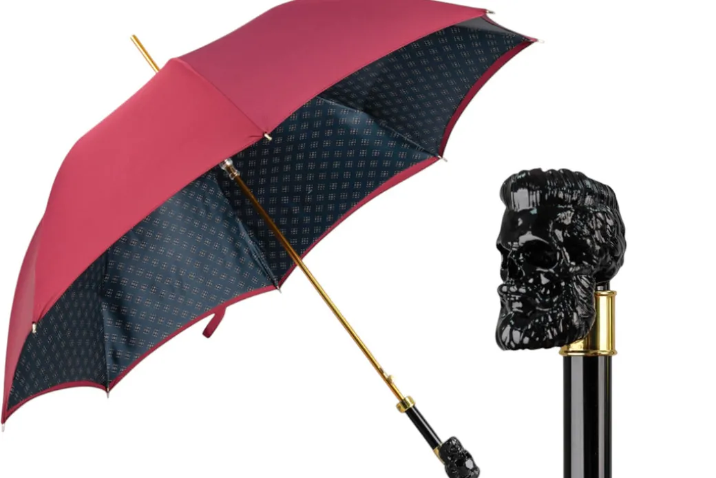 Bold Burgundy Umbrella with Artisan Skull Handle for a Unique Style