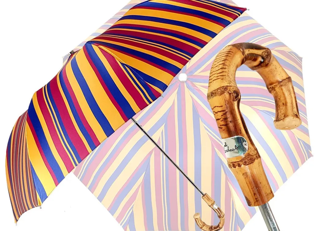 Crafted Multi - Color Striped Folding Umbrella Bamboo Handle