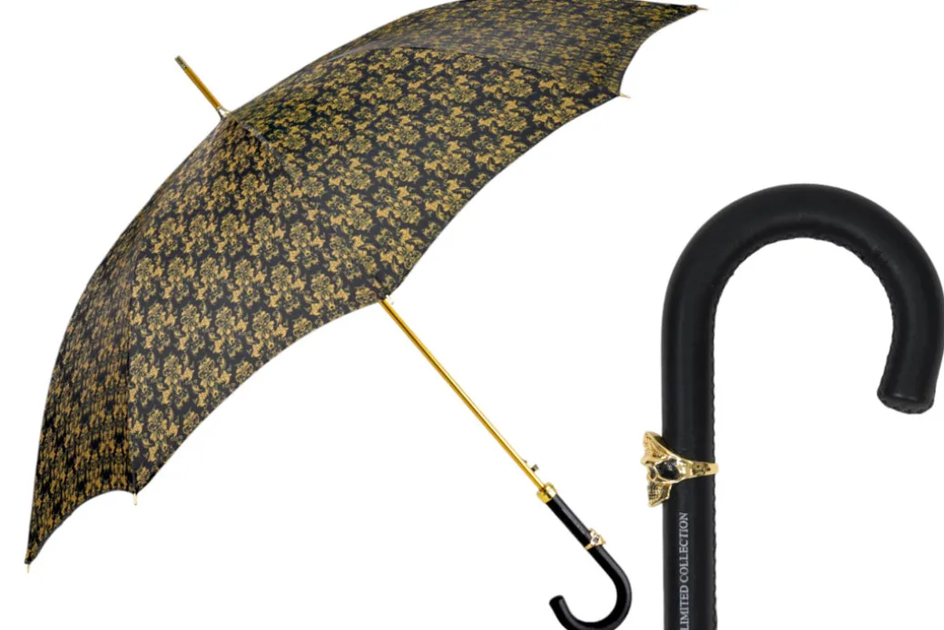 Elegant Umbrella with Leather Handle, Gold Skull, and Ornate Black and