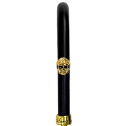 Elegant Umbrella with Leather Handle, Gold Skull, and Ornate Black and