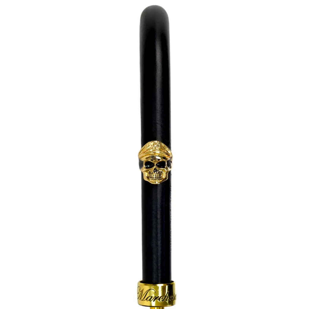 Elegant Umbrella with Leather Handle, Gold Skull, and Ornate Black and