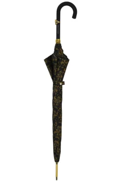 Elegant Umbrella with Leather Handle, Gold Skull, and Ornate Black and