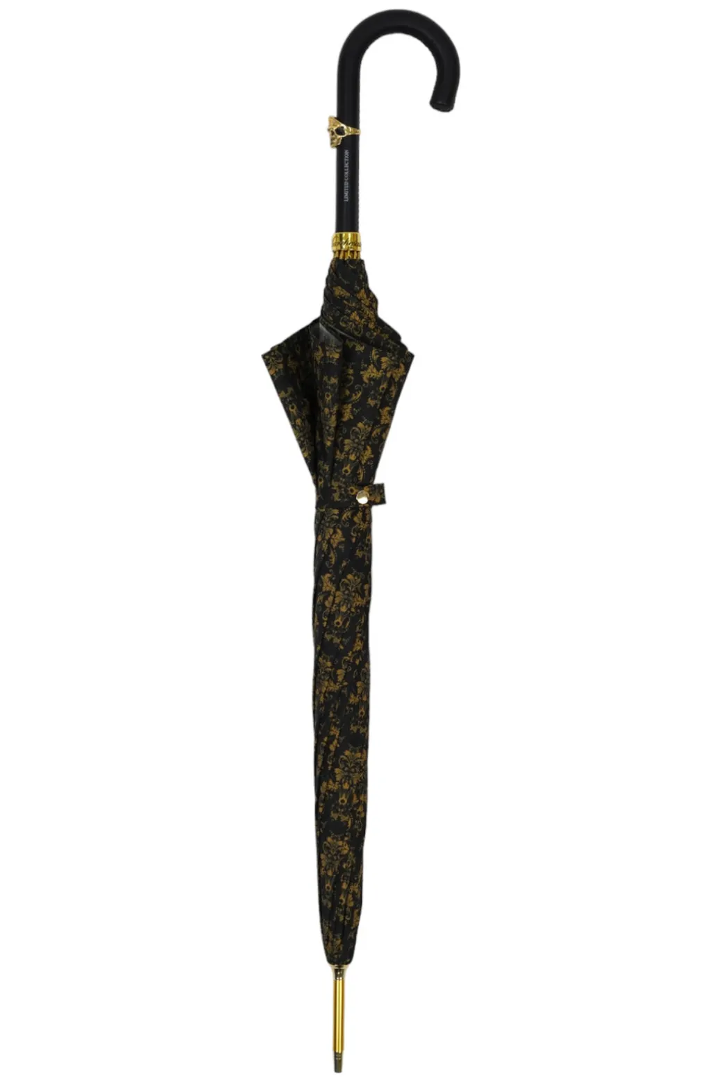 Elegant Umbrella with Leather Handle, Gold Skull, and Ornate Black and