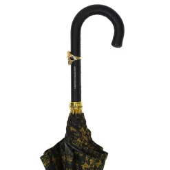 Elegant Umbrella with Leather Handle, Gold Skull, and Ornate Black and