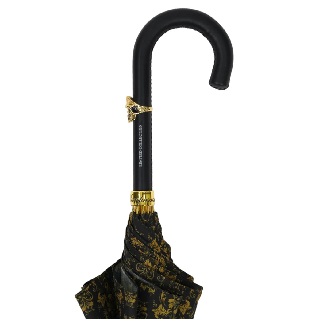 Elegant Umbrella with Leather Handle, Gold Skull, and Ornate Black and