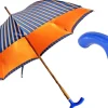 Elegante ombrello arancione - manico in pelle blu fatto a mano