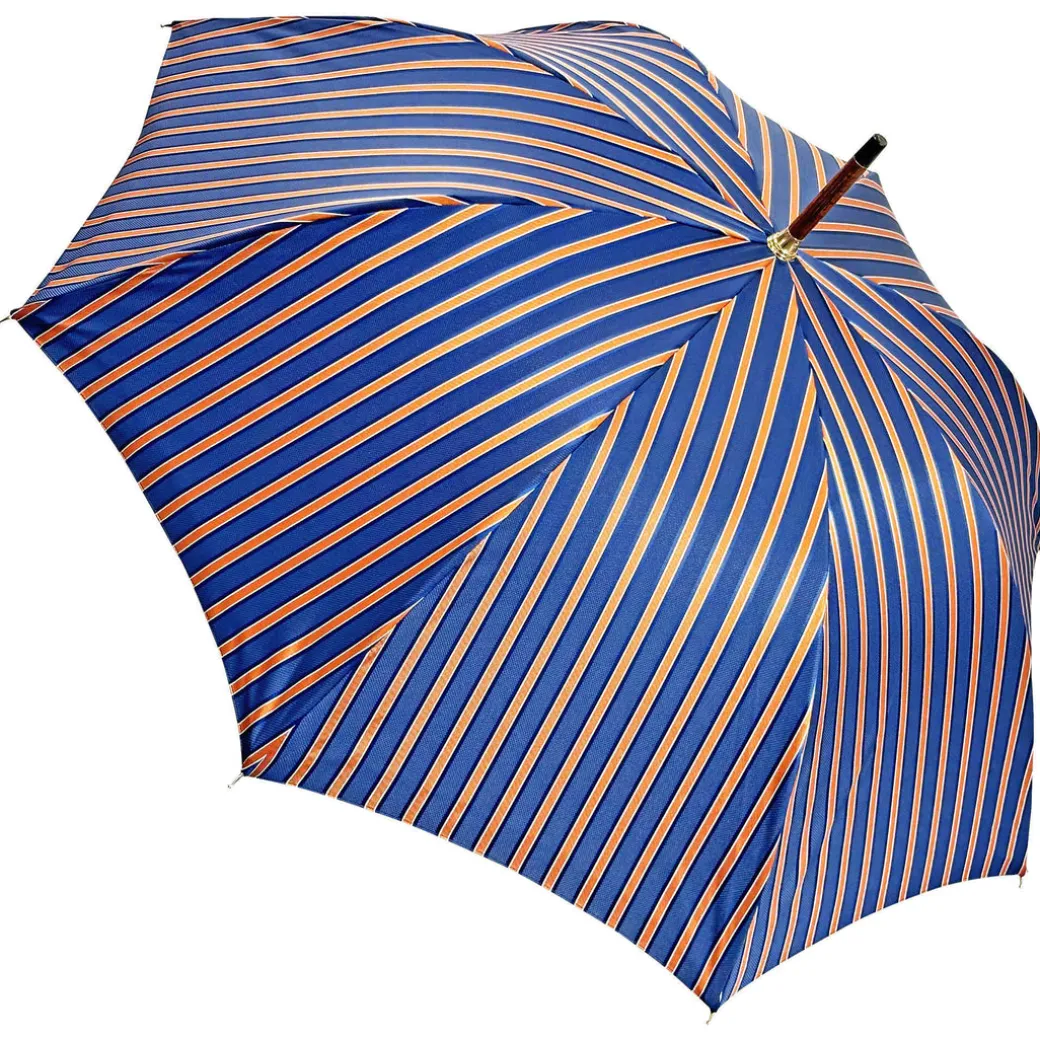 Elegante ombrello arancione - manico in pelle blu fatto a mano