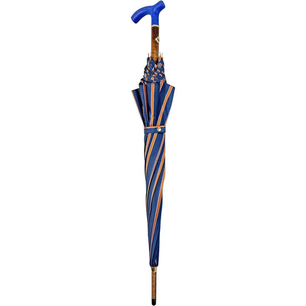 Elegante ombrello arancione - manico in pelle blu fatto a mano