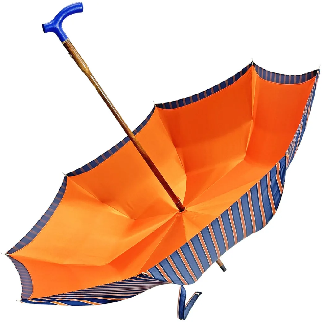 Elegante ombrello arancione - manico in pelle blu fatto a mano