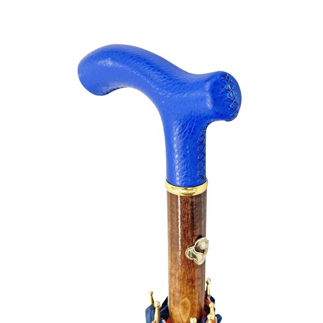 Elegante ombrello arancione - manico in pelle blu fatto a mano