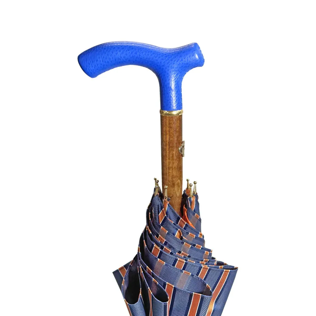 Elegante ombrello arancione - manico in pelle blu fatto a mano