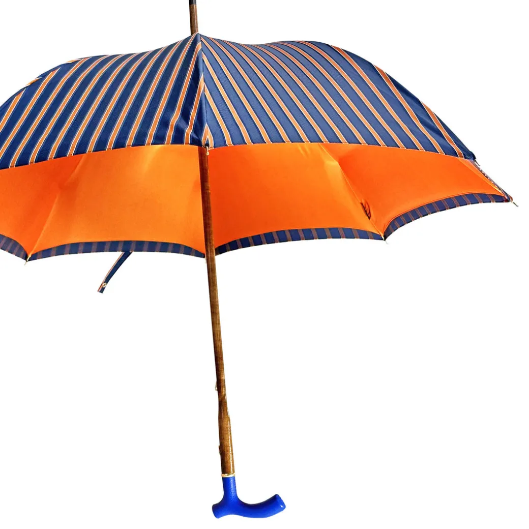 Elegante ombrello arancione - manico in pelle blu fatto a mano