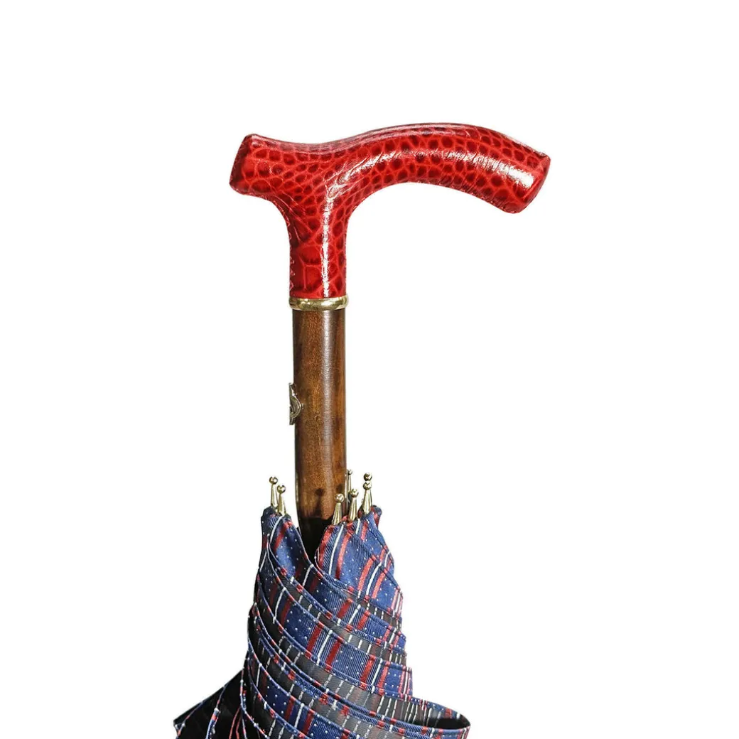 Elegante ombrello bordeaux - manico in pelle rossa fatto a mano