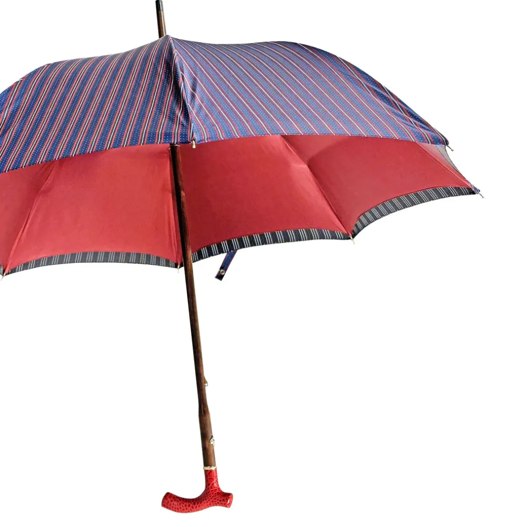 Elegante ombrello bordeaux - manico in pelle rossa fatto a mano