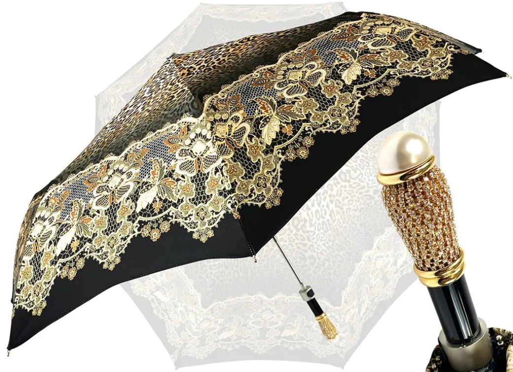 Elegante ombrello con disegno in pizzo e leopardo