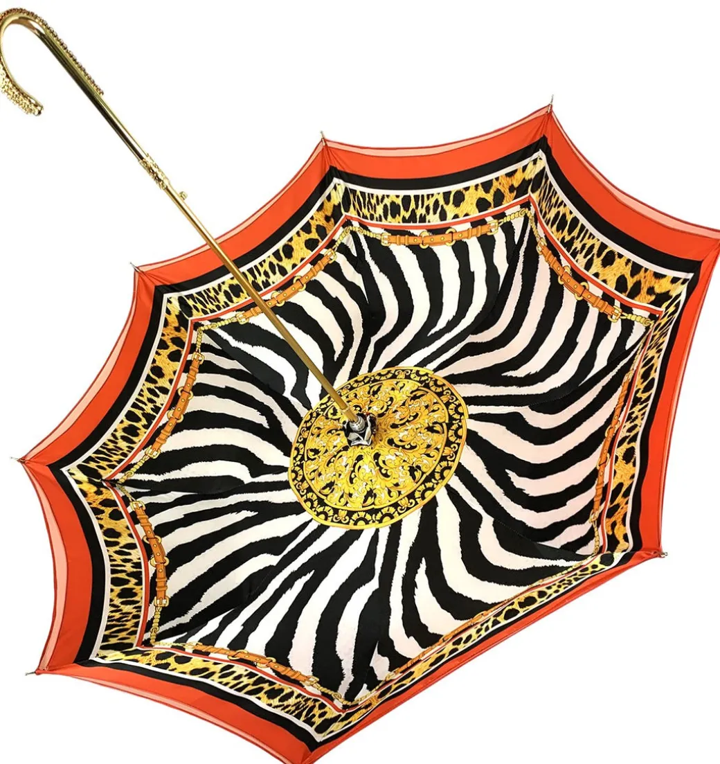 Elegante ombrello con stampa animalier interna, doppio tessuto