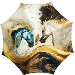 Equestrian Elegance: Light Blue Umbrella with Golden Horse Head Handle