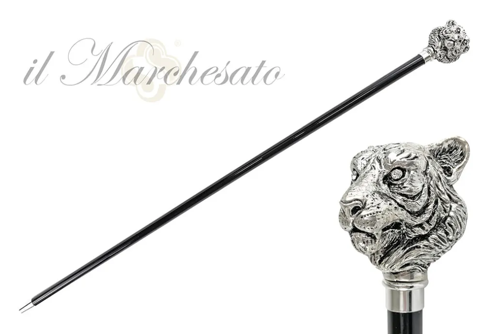 Esclusivo bastone da passeggio con tigre in argento 925
