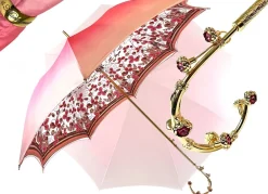 Fantastico ombrello rosa chiaro con speciale manico a fiori