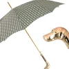 Golden Hound: Beige Patterned Umbrella with Dog Handle in Gold Finish