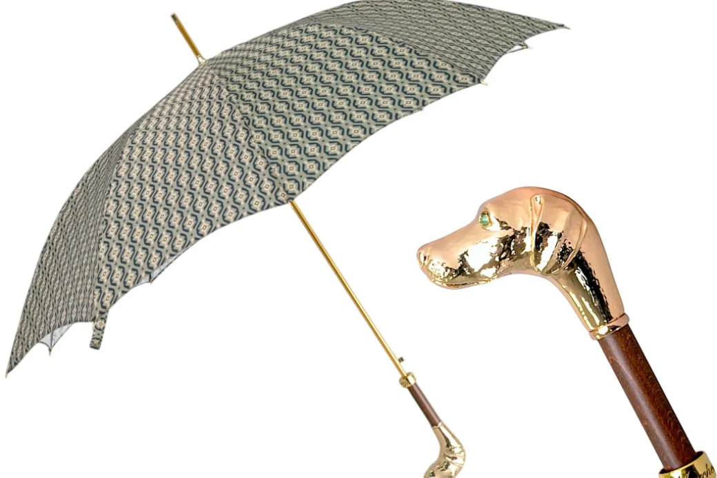 Golden Hound: Beige Patterned Umbrella with Dog Handle in Gold Finish