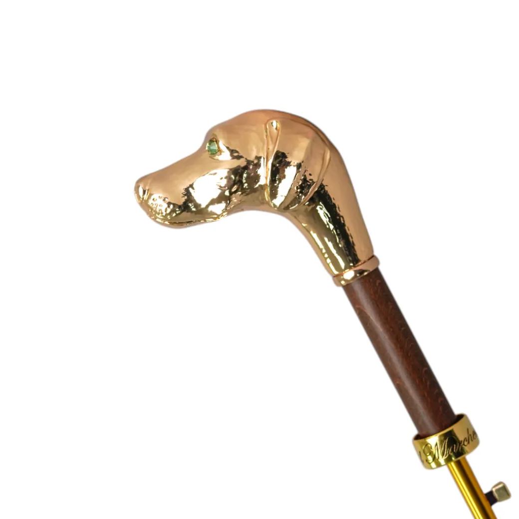 Golden Hound: Beige Patterned Umbrella with Dog Handle in Gold Finish