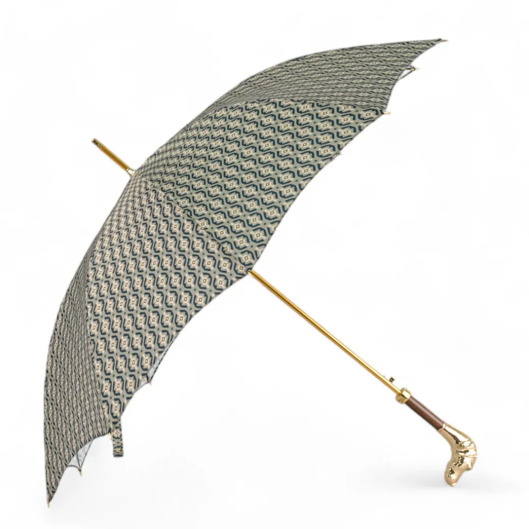 Golden Hound: Beige Patterned Umbrella with Dog Handle in Gold Finish