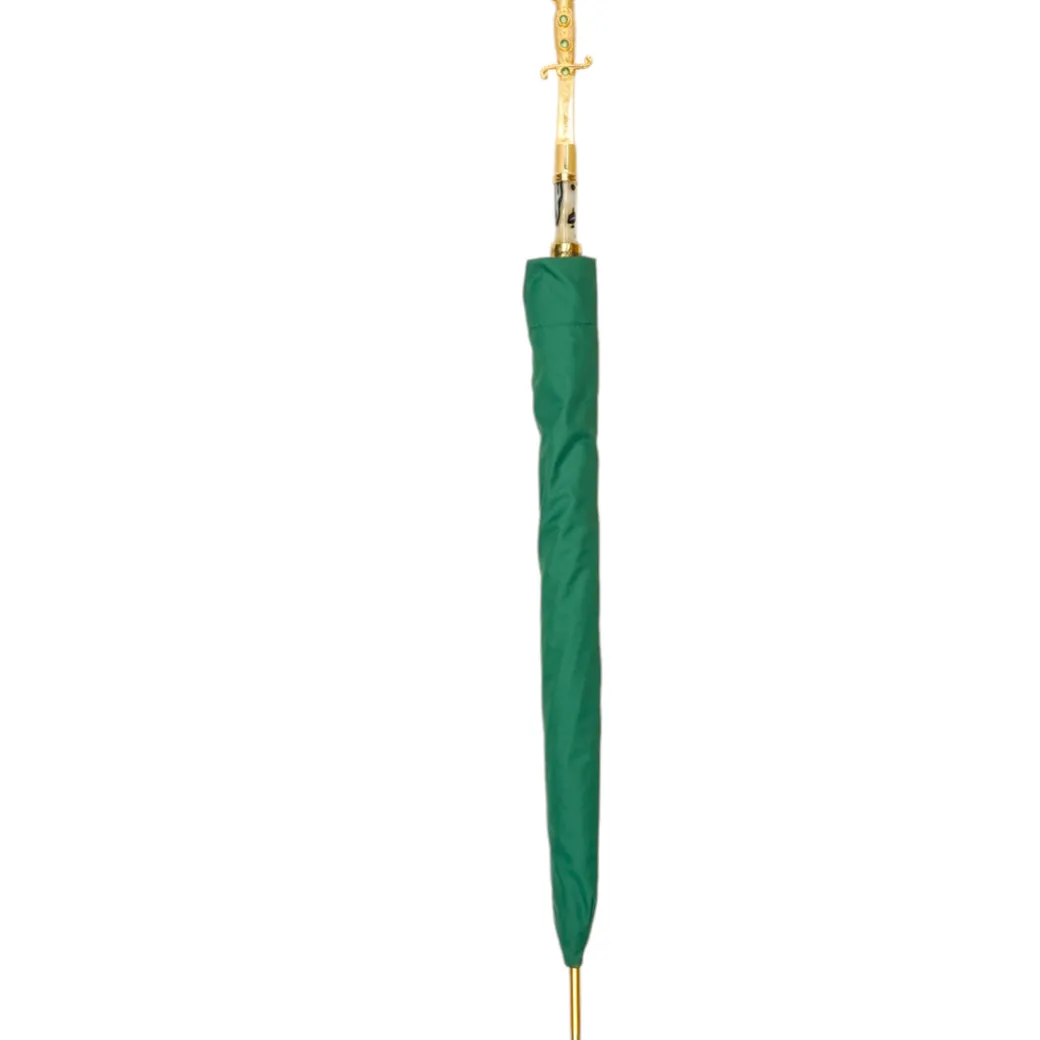 Majestic Green Umbrella with Ornate Sword Handle in 24K Gold Plating