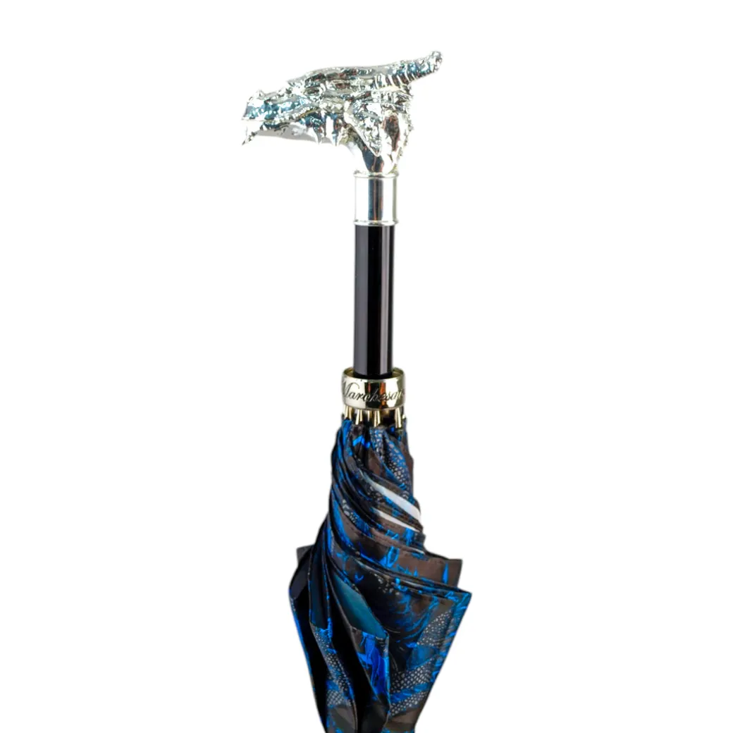 Mythical Dragon Umbrella – Silver-Plated Handle & Oriental Blue design