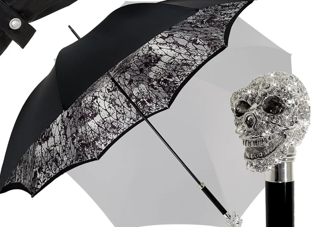 Ombrello artigianale di lusso con teschio tempestato di Swarovski