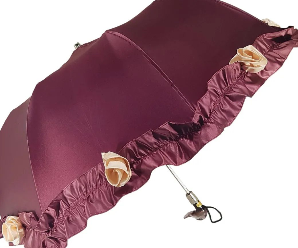 Ombrello con volant e rose bordeaux