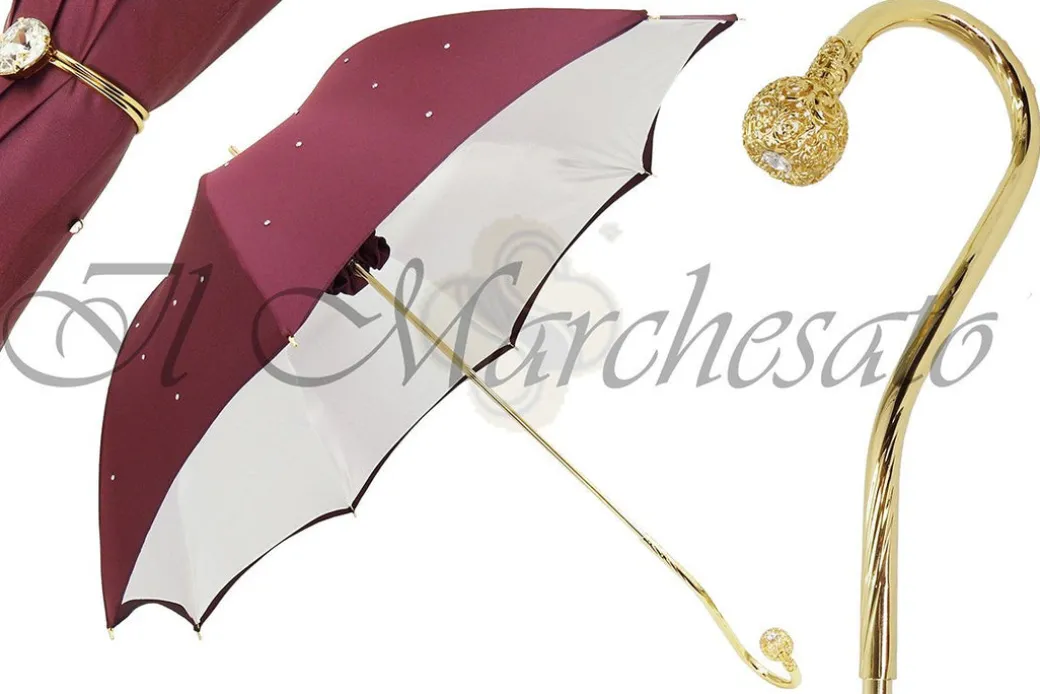Ombrello da donna di lusso bordeaux con cristalli Swarovski