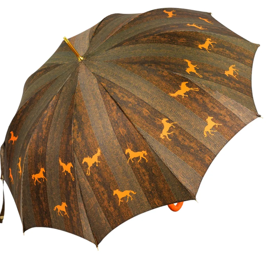 Ombrello da uomo elegante con manico in pelle di struzzo arancione
