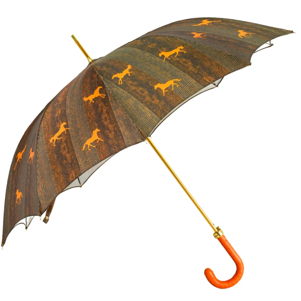 Ombrello da uomo elegante con manico in pelle di struzzo arancione