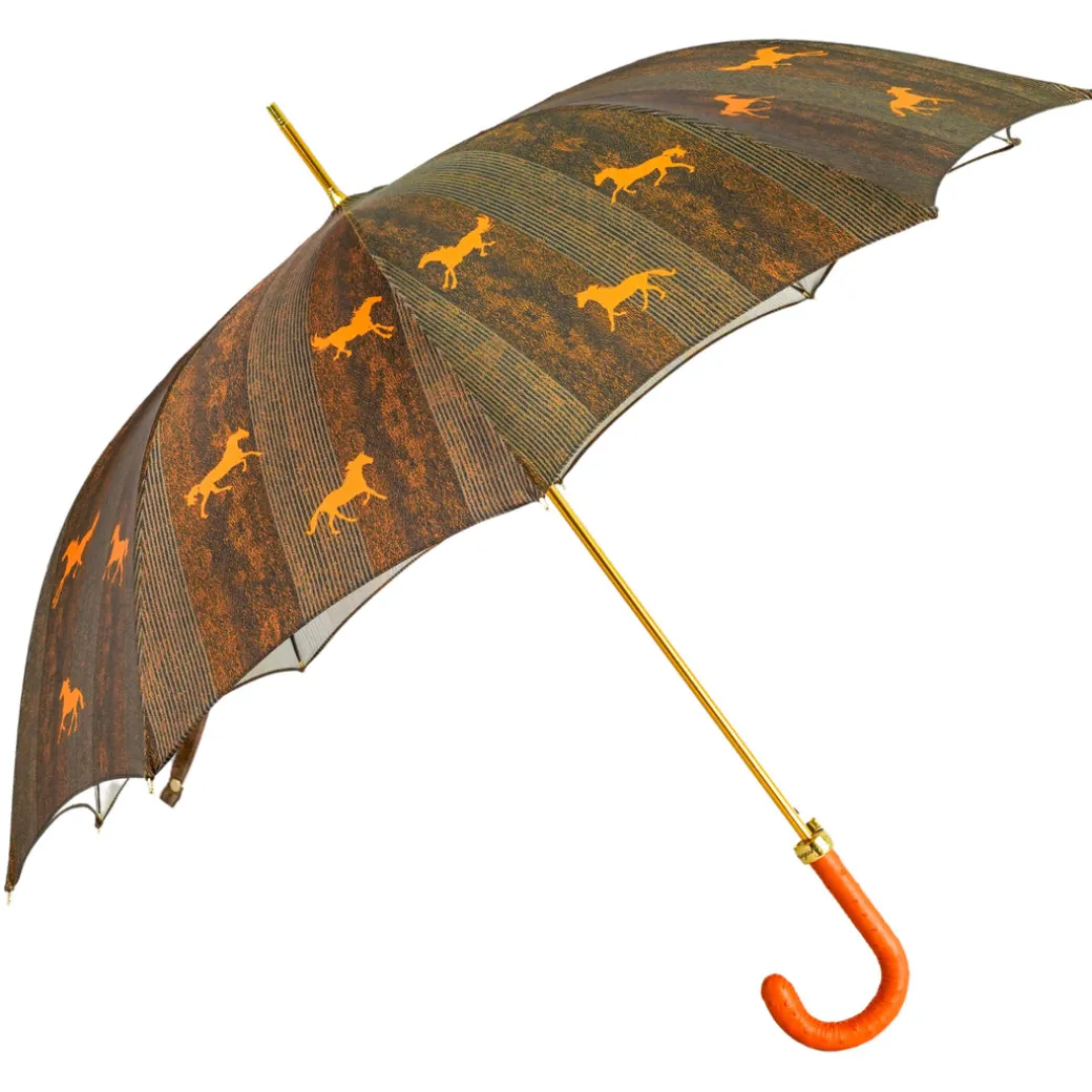 Ombrello da uomo elegante con manico in pelle di struzzo arancione