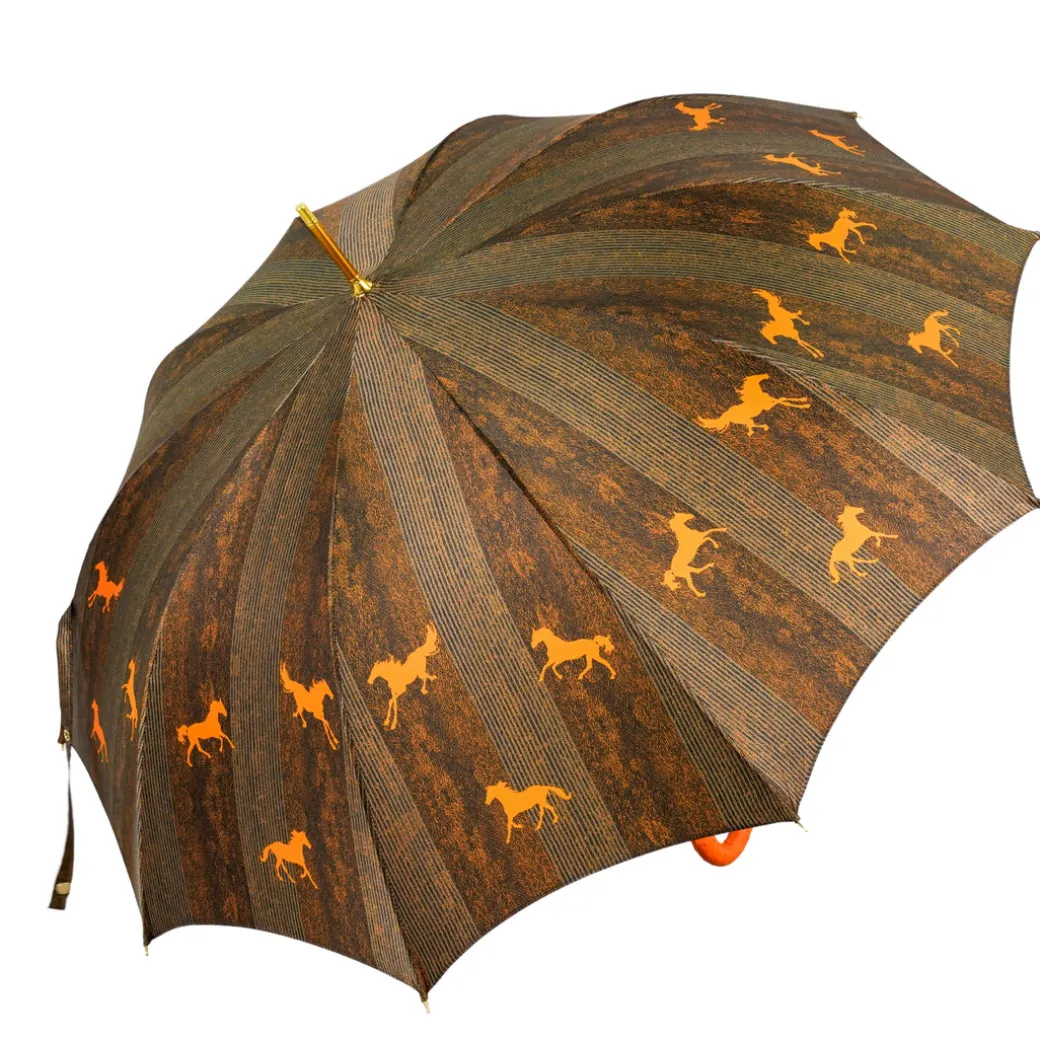 Ombrello da uomo elegante con manico in pelle di struzzo arancione