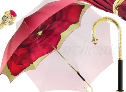 Ombrello Doppio tessuto con Rosa rossa interna - impugnatura dorata co