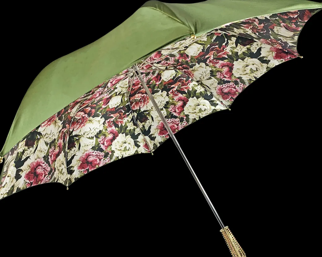 Ombrello fatto a mano - Design fiorito in colore oliva
