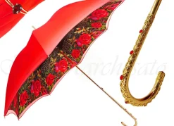 Ombrello floreale rosso, doppio tessuto e manico dorato con cristalli