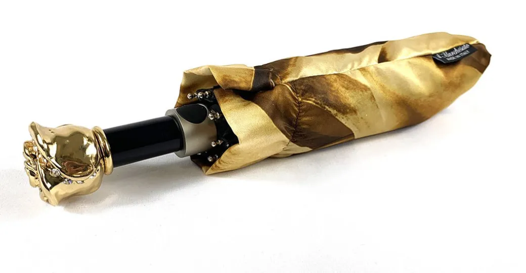 Ombrello pieghevole con dalia oro e marrone
