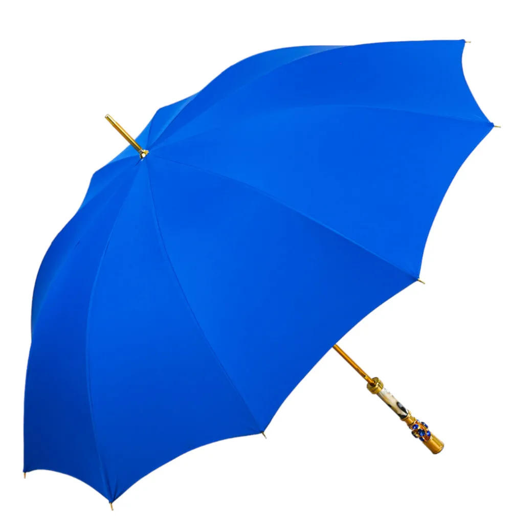 Sapphire Splendor: Handcrafted Electric Blue Umbrella with Crystal Han