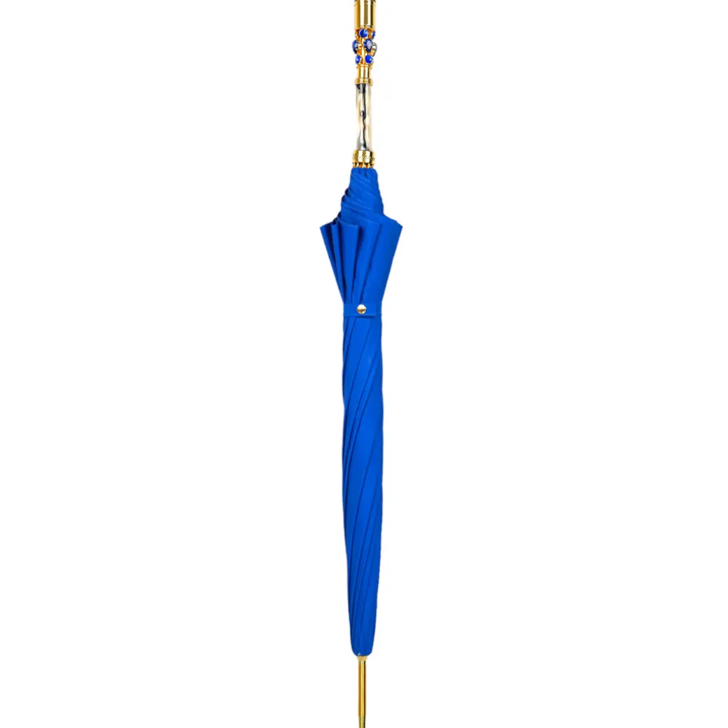 Sapphire Splendor: Handcrafted Electric Blue Umbrella with Crystal Han
