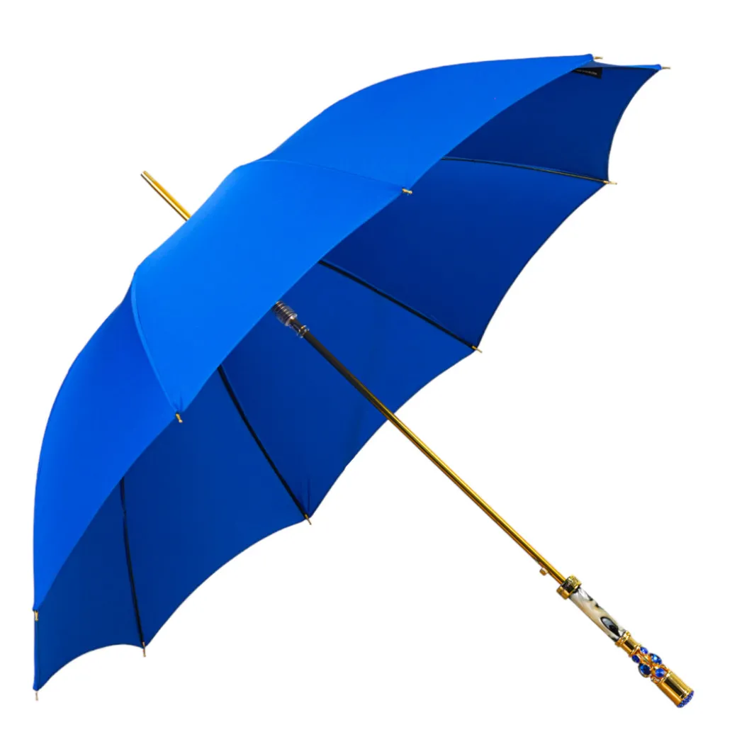 Sapphire Splendor: Handcrafted Electric Blue Umbrella with Crystal Han