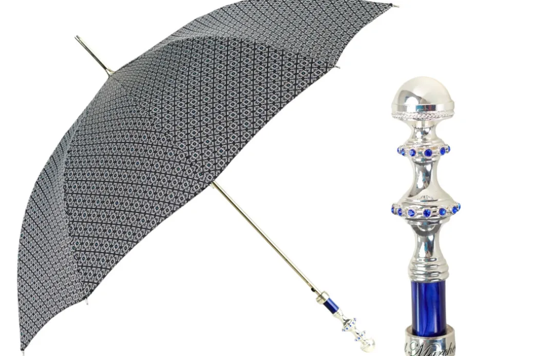 Stylish Grey & Blue Jacquard Umbrella - Silverplated handle